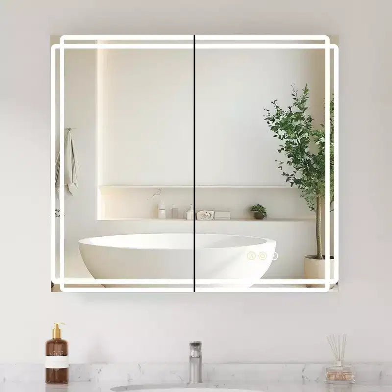 Pensile per medicinali con specchi e luci, mobile da bagno con 3 modalità di luce, anti-appannamento, dimmerabile, funzione memoria, presa, argento