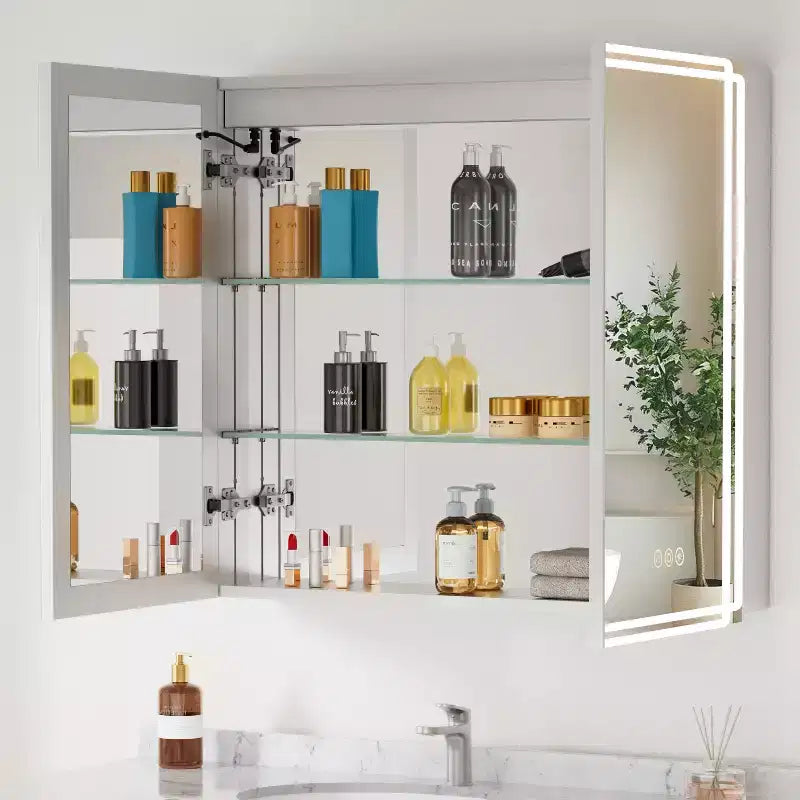 Pensile per medicinali con specchi e luci, mobile da bagno con 3 modalità di luce, anti-appannamento, dimmerabile, funzione memoria, presa, argento
