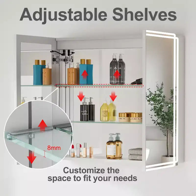 Pensile per medicinali con specchi e luci, mobile da bagno con 3 modalità di luce, anti-appannamento, dimmerabile, funzione memoria, presa, argento