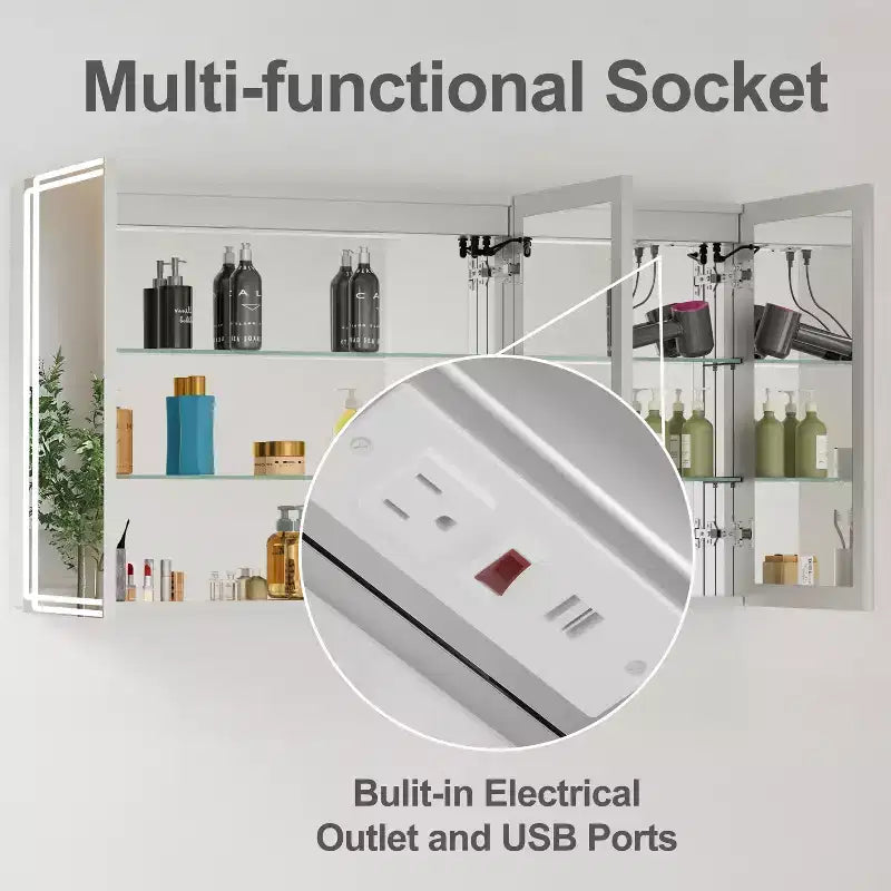 Pensile per medicinali con specchi e luci, mobile da bagno con 3 modalità di luce, anti-appannamento, dimmerabile, funzione memoria, presa, argento