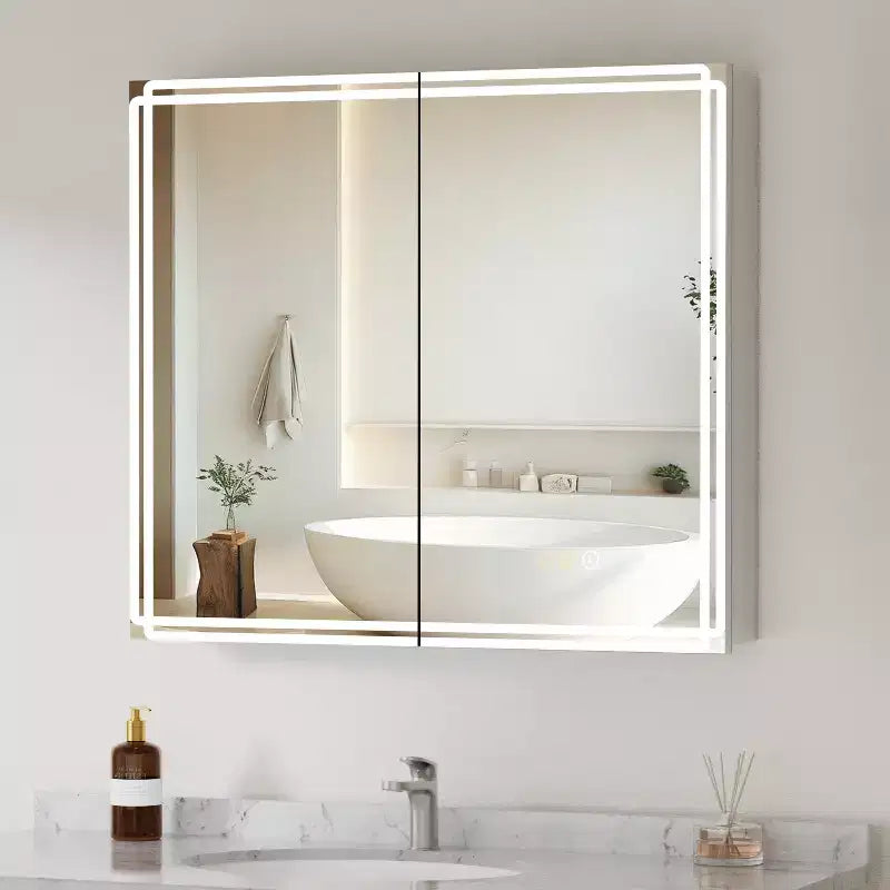 Pensile per medicinali con specchi e luci, mobile da bagno con 3 modalità di luce, anti-appannamento, dimmerabile, funzione memoria, presa, argento