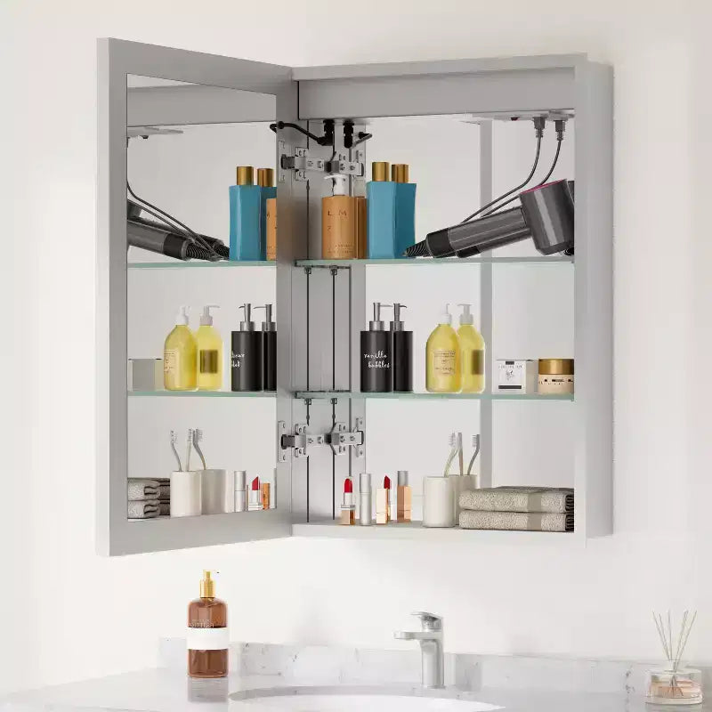 Pensile per medicinali con specchi e luci, mobile da bagno con 3 modalità di luce, anti-appannamento, dimmerabile, funzione memoria, presa, argento