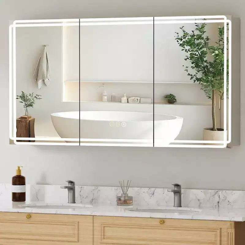 Pensile per medicinali con specchi e luci, mobile da bagno con 3 modalità di luce, anti-appannamento, dimmerabile, funzione memoria, presa, argento