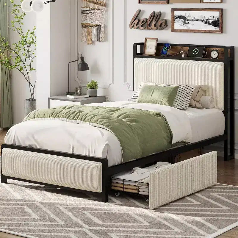 Telaio Letto Singolo con Testiera Contenitore, 2 Cassetti a Rotelle e Stazione di Ricarica, Rivestimento in Lino, Antirumore, Facile Montaggio