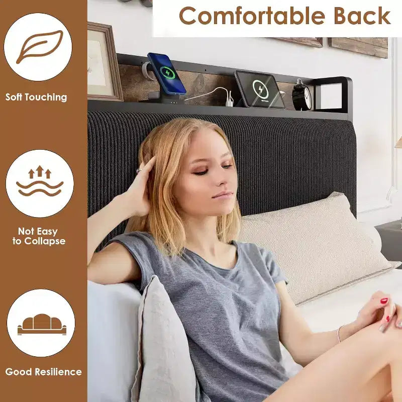 Telaio Letto Singolo con Testiera Contenitore, 2 Cassetti a Rotelle e Stazione di Ricarica, Rivestimento in Lino, Antirumore, Facile Montaggio