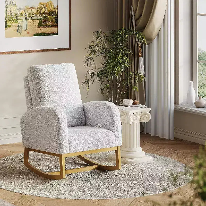 Sedia a dondolo con schienale alto e braccioli, sedia a dondolo moderna imbottita per la cameretta, bianca/grigio scuro/grigio chiaro