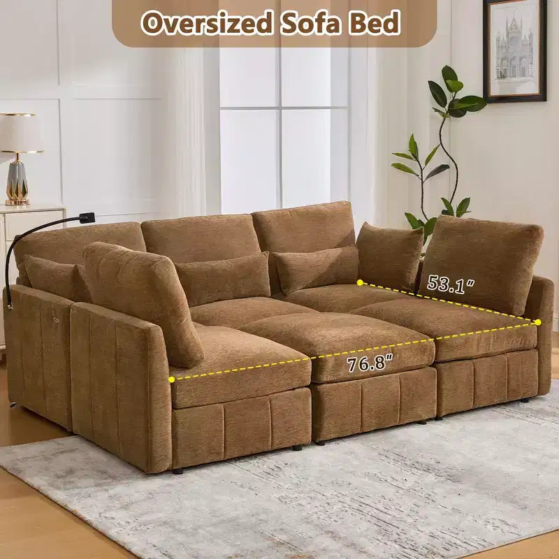 Divano Multifunzionale in ciniglia con Pouf Modulare, Porte USB e Porta Telefono