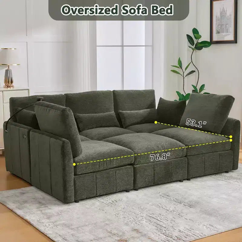 Divano Multifunzionale in ciniglia con Pouf Modulare, Porte USB e Porta Telefono