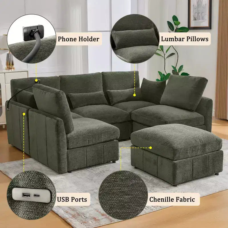 Divano Multifunzionale in ciniglia con Pouf Modulare, Porte USB e Porta Telefono