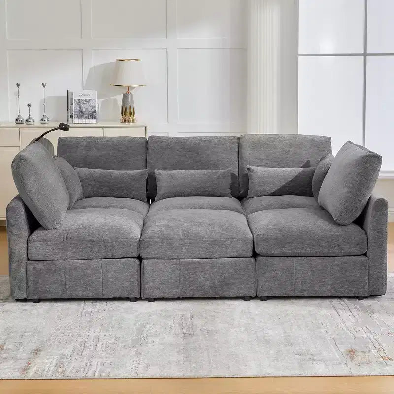 Divano Multifunzionale in ciniglia con Pouf Modulare, Porte USB e Porta Telefono