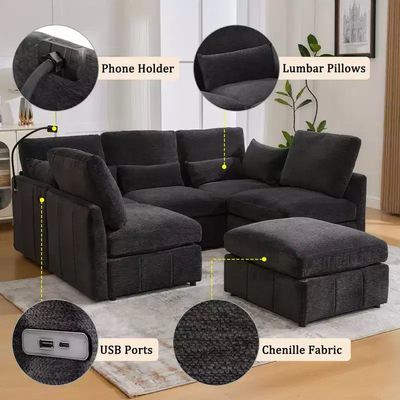 Divano Multifunzionale in ciniglia con Pouf Modulare, Porte USB e Porta Telefono