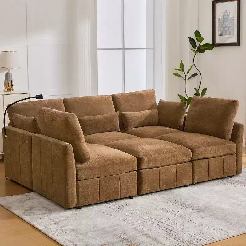 Divano Multifunzionale in ciniglia con Pouf Modulare, Porte USB e Porta Telefono