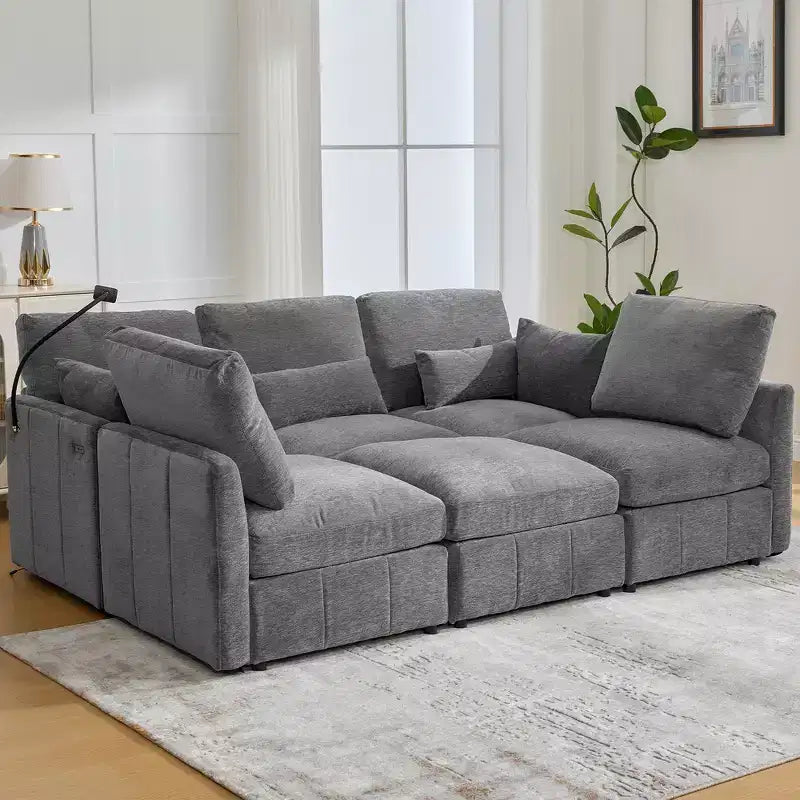 Divano Multifunzionale in ciniglia con Pouf Modulare, Porte USB e Porta Telefono