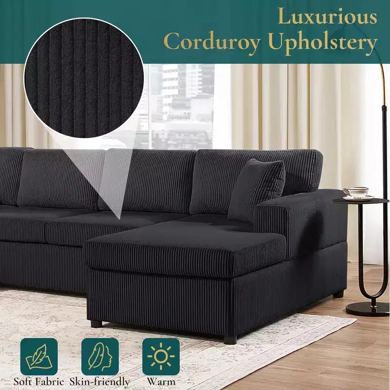 Divano componibile oversize in velluto a coste con chaise longue e tre morbidi cuscini decorativi