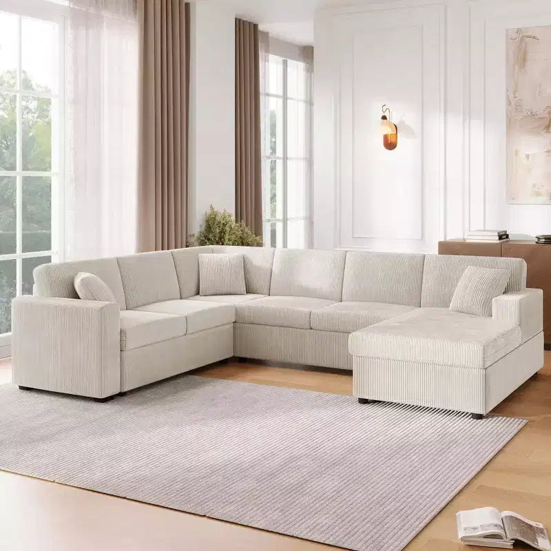 Divano componibile oversize in velluto a coste con chaise longue e tre morbidi cuscini decorativi