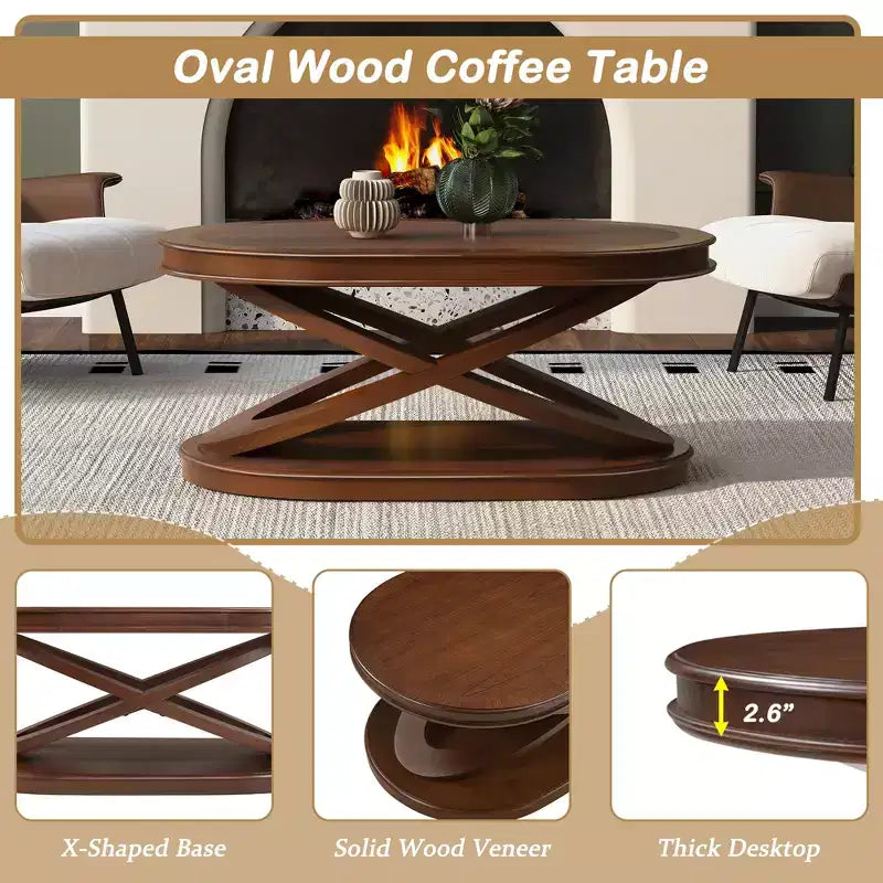 Tavolino da caffè in legno con base a X, tavolino ovale da cocktail da 44" con contenitore, tavolino centrale per divano