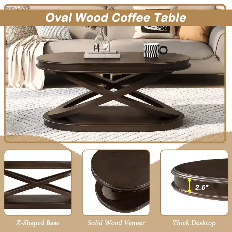 Tavolino da caffè in legno con base a X, tavolino ovale da cocktail da 44" con contenitore, tavolino centrale per divano