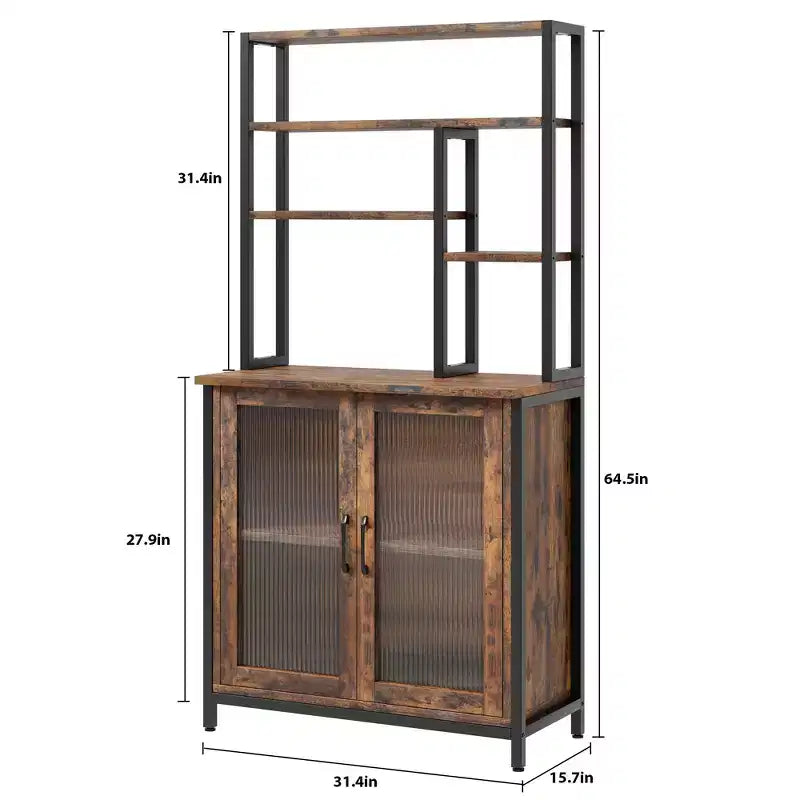 Scaffale da Panettiere con Mobiletto, Supporto per Microonde a 5 Livelli, Scaffale da Panettiere Verticale con Anta, Caffetteria Alta, Mobile Bar Marrone con Ganci, per Cucina