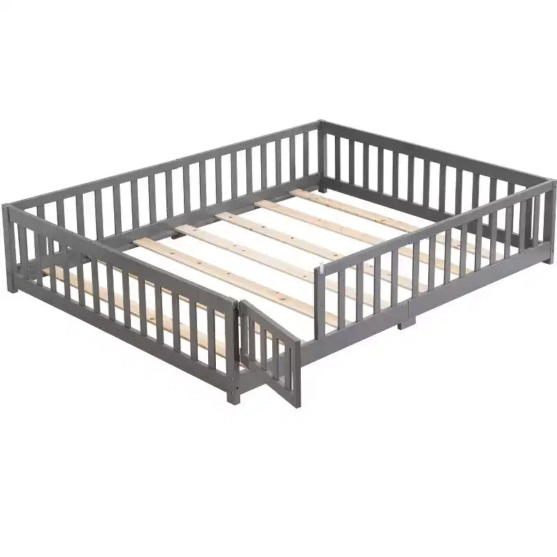 Bellemave Full Size Floor Bed with Door,Solid Wood Platform Bed Frame with Fence,Suitable for children,Pine Wood,Gray
