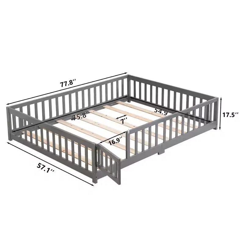 Letto a grandezza naturale con porta, Struttura letto a piattaforma in legno massiccio con recinzione, Adatto ai bambini, Legno di pino, Grigio