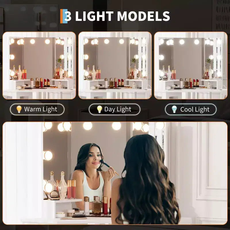 Specchio angolare da toeletta, specchio pieghevole a 3 ante con 3 modalità di illuminazione, specchio per il trucco per camera da letto e studio, specchio da toeletta illuminato a tre ante