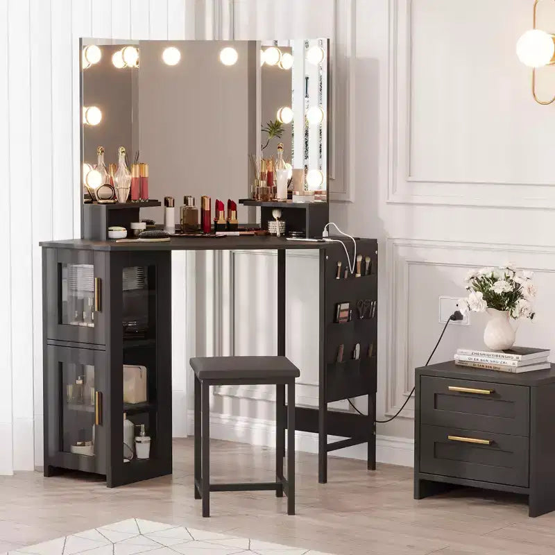 Specchio angolare da toeletta, specchio pieghevole a 3 ante con 3 modalità di illuminazione, specchio per il trucco per camera da letto e studio, specchio da toeletta illuminato a tre ante