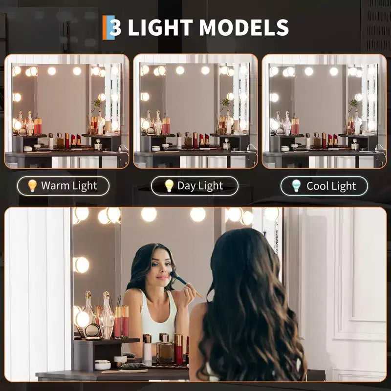 Specchio angolare da toeletta, specchio pieghevole a 3 ante con 3 modalità di illuminazione, specchio per il trucco per camera da letto e studio, specchio da toeletta illuminato a tre ante
