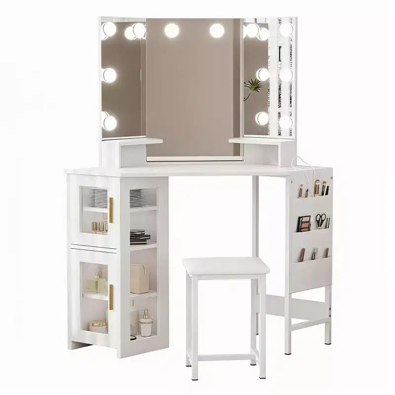 Specchio angolare da toeletta, specchio pieghevole a 3 ante con 3 modalità di illuminazione, specchio per il trucco per camera da letto e studio, specchio da toeletta illuminato a tre ante