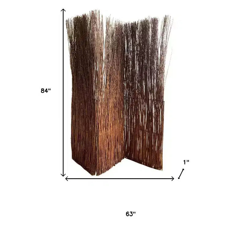 Divisorio pieghevole in rattan marrone a tre pannelli, 213 cm