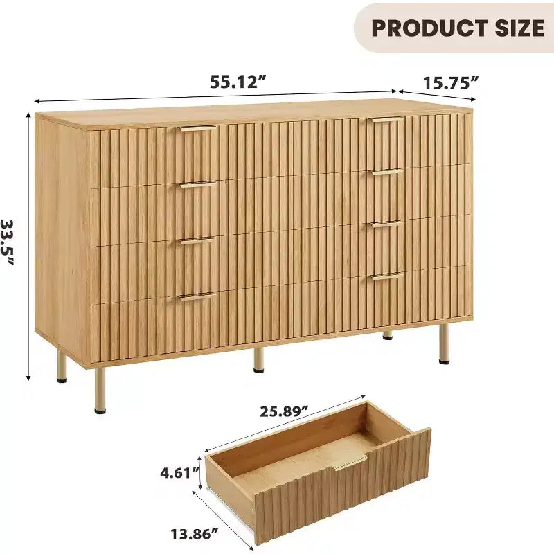 Comò a 8 cassetti in legno da 140 cm con maniglie in metallo e design antiribaltamento - Finitura naturale moderna per camera da letto, soggiorno e ufficio.