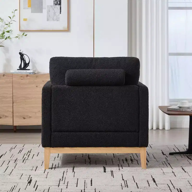 Poltrona, Poltroncina rivestita in Bouclé con 2 cuscini a rullo, Gambe in legno naturale, Seduta con molle insacchettate, Poltrona lounge per soggiorno, ufficio