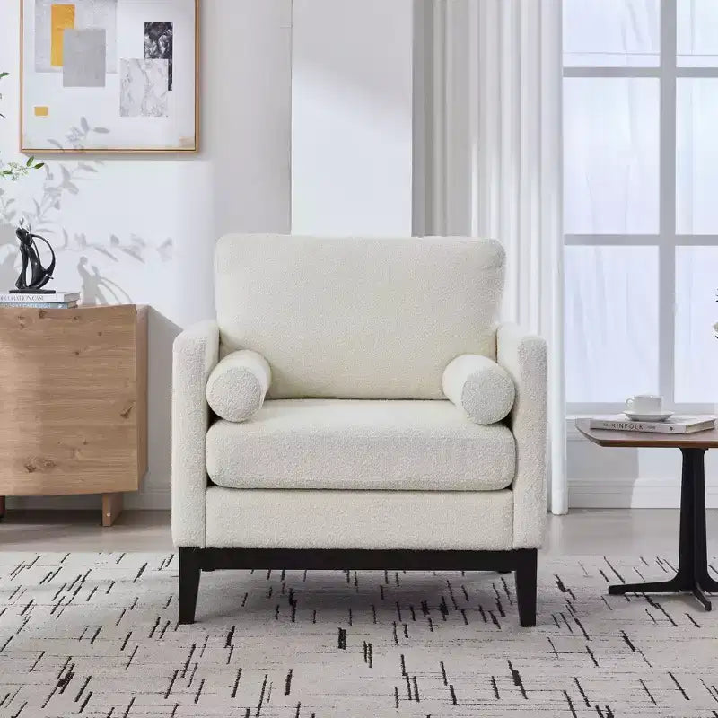 Poltrona, Poltroncina rivestita in Bouclé con 2 cuscini a rullo, Gambe in legno naturale, Seduta con molle insacchettate, Poltrona lounge per soggiorno, ufficio