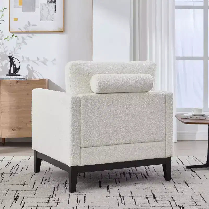 Poltrona, Poltroncina rivestita in Bouclé con 2 cuscini a rullo, Gambe in legno naturale, Seduta con molle insacchettate, Poltrona lounge per soggiorno, ufficio