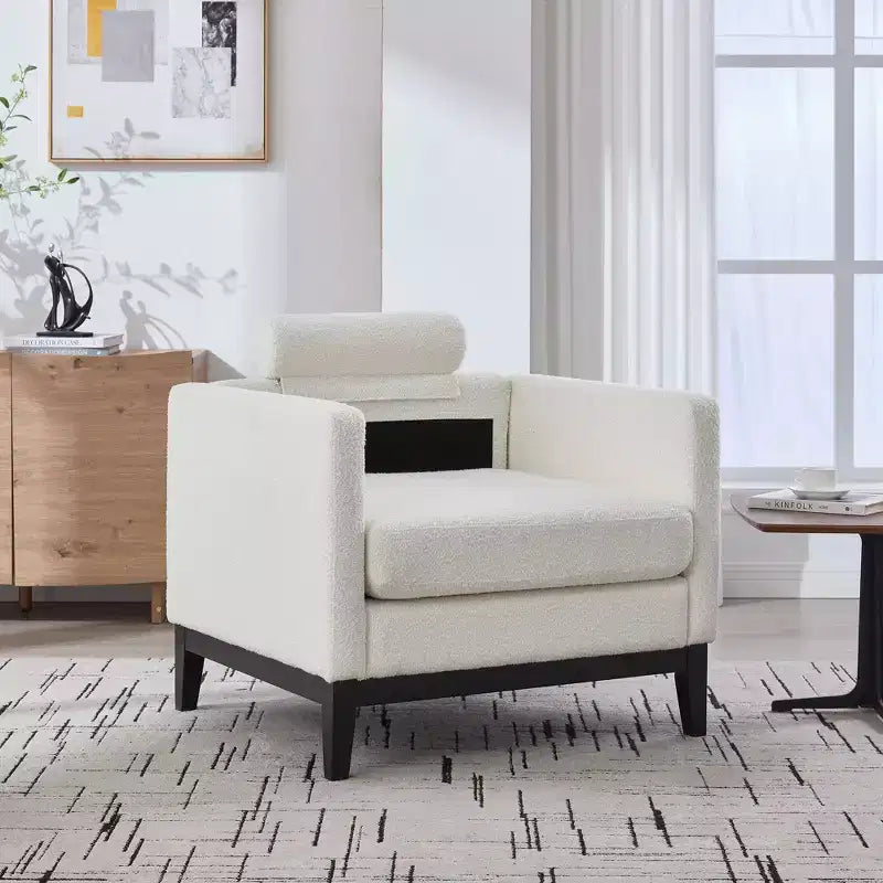 Poltrona, Poltroncina rivestita in Bouclé con 2 cuscini a rullo, Gambe in legno naturale, Seduta con molle insacchettate, Poltrona lounge per soggiorno, ufficio