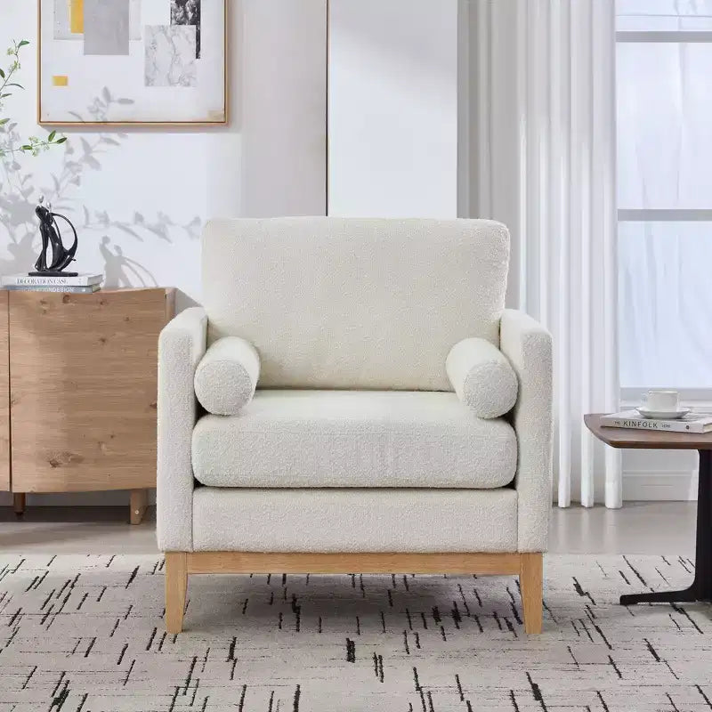 Poltrona, Poltroncina rivestita in Bouclé con 2 cuscini a rullo, Gambe in legno naturale, Seduta con molle insacchettate, Poltrona lounge per soggiorno, ufficio