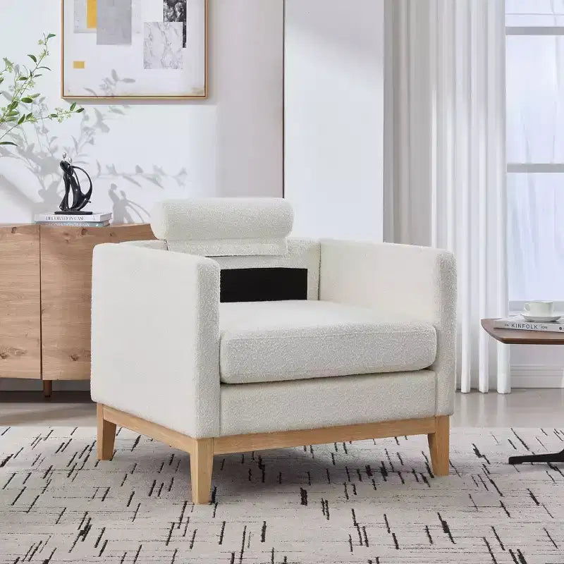 Poltrona, Poltroncina rivestita in Bouclé con 2 cuscini a rullo, Gambe in legno naturale, Seduta con molle insacchettate, Poltrona lounge per soggiorno, ufficio