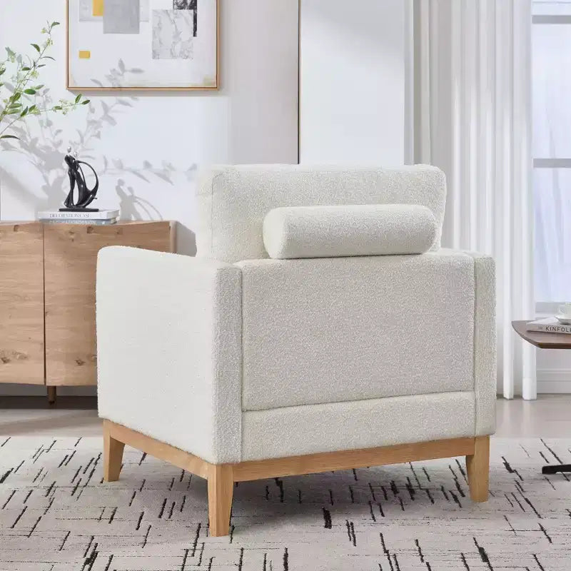 Poltrona, Poltroncina rivestita in Bouclé con 2 cuscini a rullo, Gambe in legno naturale, Seduta con molle insacchettate, Poltrona lounge per soggiorno, ufficio