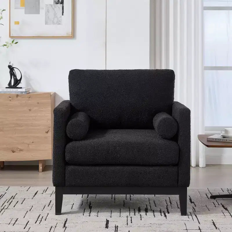 Poltrona, Poltroncina rivestita in Bouclé con 2 cuscini a rullo, Gambe in legno naturale, Seduta con molle insacchettate, Poltrona lounge per soggiorno, ufficio