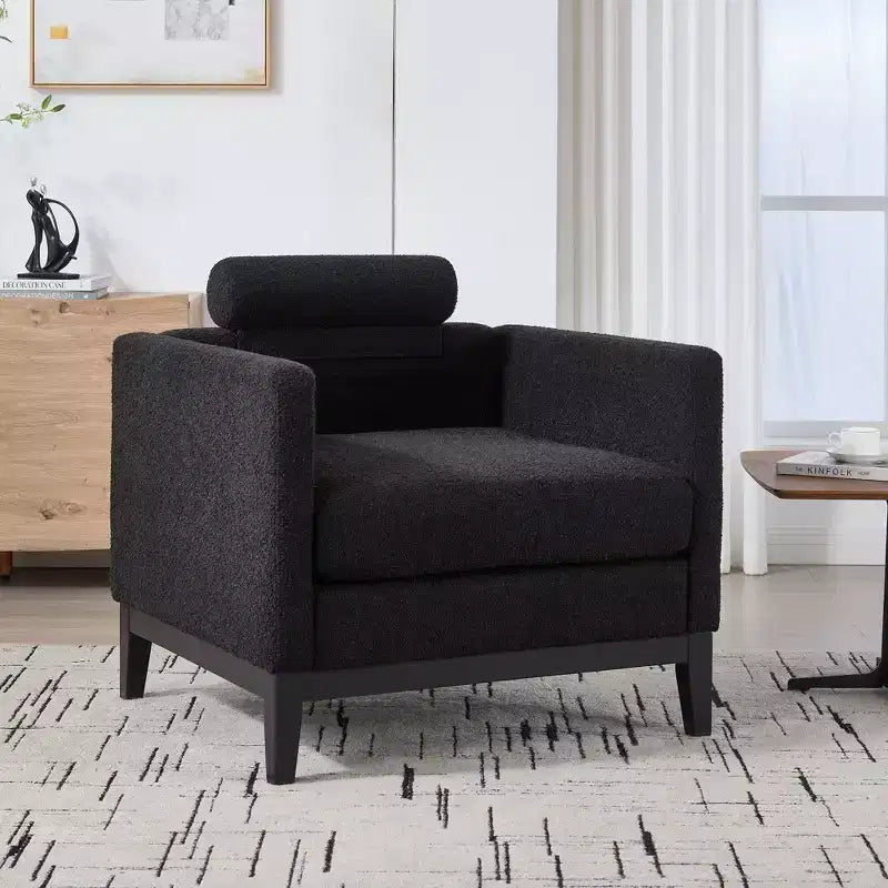 Poltrona, Poltroncina rivestita in Bouclé con 2 cuscini a rullo, Gambe in legno naturale, Seduta con molle insacchettate, Poltrona lounge per soggiorno, ufficio