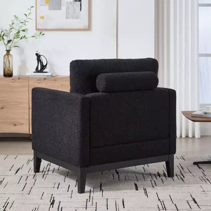 Poltrona, Poltroncina rivestita in Bouclé con 2 cuscini a rullo, Gambe in legno naturale, Seduta con molle insacchettate, Poltrona lounge per soggiorno, ufficio
