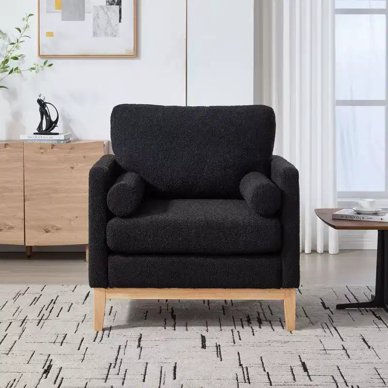 Poltrona, Poltroncina rivestita in Bouclé con 2 cuscini a rullo, Gambe in legno naturale, Seduta con molle insacchettate, Poltrona lounge per soggiorno, ufficio