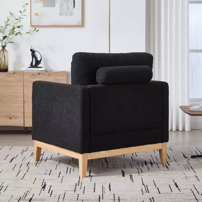 Poltrona, Poltroncina rivestita in Bouclé con 2 cuscini a rullo, Gambe in legno naturale, Seduta con molle insacchettate, Poltrona lounge per soggiorno, ufficio