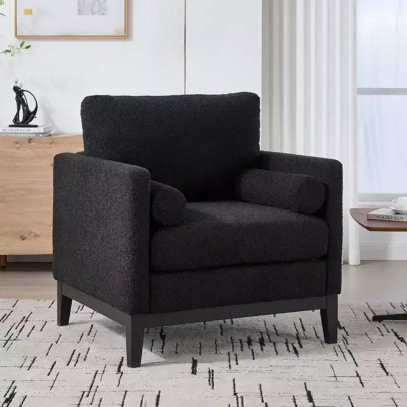 Poltrona, Poltroncina rivestita in Bouclé con 2 cuscini a rullo, Gambe in legno naturale, Seduta con molle insacchettate, Poltrona lounge per soggiorno, ufficio