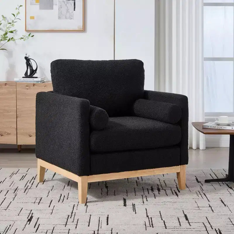 Poltrona, Poltroncina rivestita in Bouclé con 2 cuscini a rullo, Gambe in legno naturale, Seduta con molle insacchettate, Poltrona lounge per soggiorno, ufficio