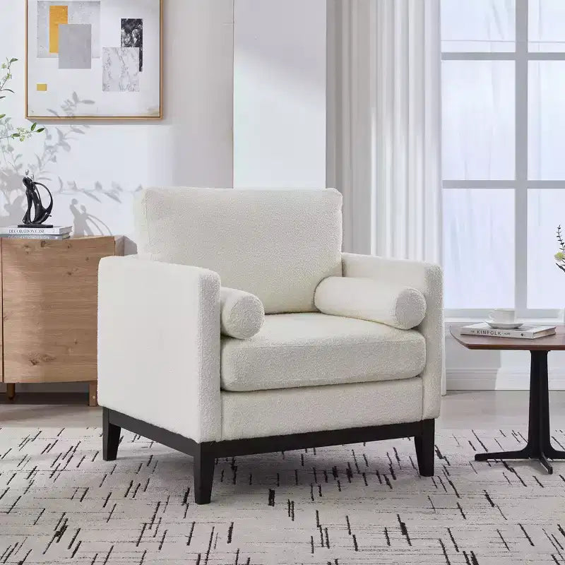 Poltrona, Poltroncina rivestita in Bouclé con 2 cuscini a rullo, Gambe in legno naturale, Seduta con molle insacchettate, Poltrona lounge per soggiorno, ufficio