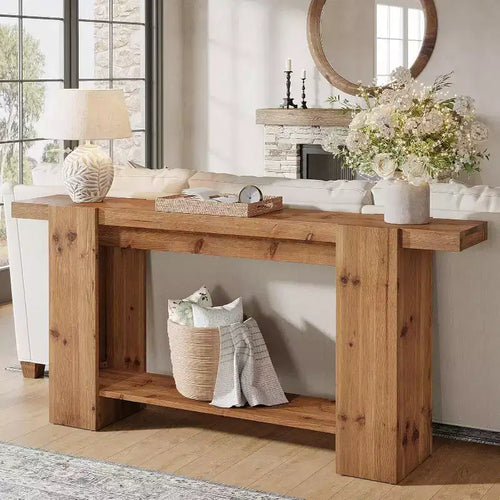 Tavolo console a 2 ripiani in legno massello, tavolo da ingresso da 160 cm stile rustico per soggiorno, corridoio, atrio