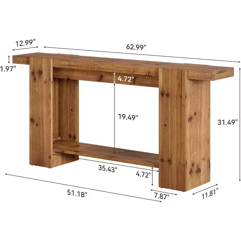 Tavolo console a 2 ripiani in legno massello, tavolo da ingresso da 160 cm stile rustico per soggiorno, corridoio, atrio