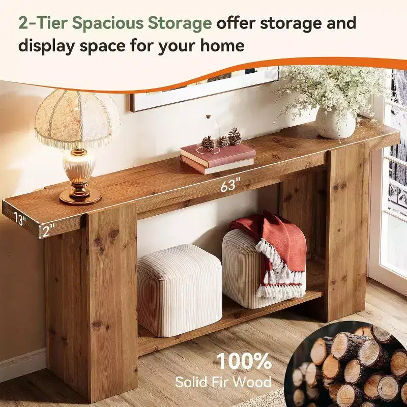 Tavolo console a 2 ripiani in legno massello, tavolo da ingresso da 160 cm stile rustico per soggiorno, corridoio, atrio