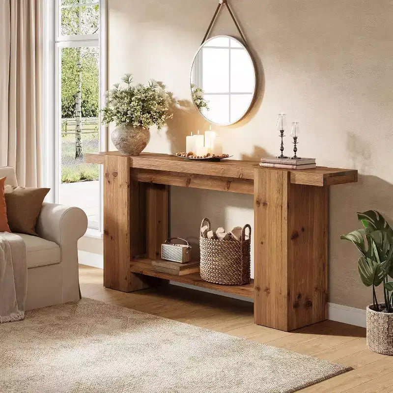 Tavolo console a 2 ripiani in legno massello, tavolo da ingresso da 160 cm stile rustico per soggiorno, corridoio, atrio