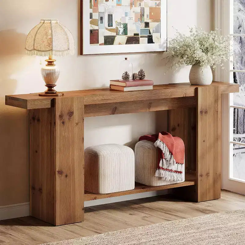 Tavolo console a 2 ripiani in legno massello, tavolo da ingresso da 160 cm stile rustico per soggiorno, corridoio, atrio
